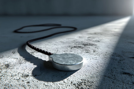 A metal pendant resting on a textured concrete surface is illuminated by a dramatic beam of light in a dark room. the minimalistic setting and striking shadows evoke mystery and symbolism, making it perfect for design inspiration. Generative AIの素材