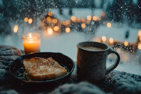 A tranquil winter scene featuring a candlelit setting with a warm drink and toast, viewed against a snowy backdrop through a window. soft, glowing bokeh lights outside add a touch of warmth and magic. Generative AIの素材