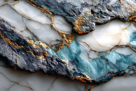 Vibrant turquoise and white marble surface enhanced by striking gold veins, showcasing natural elegance and luxury. perfect for high-end design projects, backgrounds, and art applications. Generative AIの素材