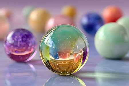 Glass marbles in vivid hues are arranged on a smooth surface, reflecting soft light and creating a dreamy atmosphere. the marbles' polished textures and shimmering reflections offer inspiration for art and design projects. Generative AIの素材