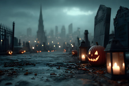 A dark and eerie cemetery scene illuminated by glowing jack-o'-lanterns and lanterns, with tombstones and a gothic city skyline in the misty background, creating a mysterious halloween atmosphere. Generative AIの素材