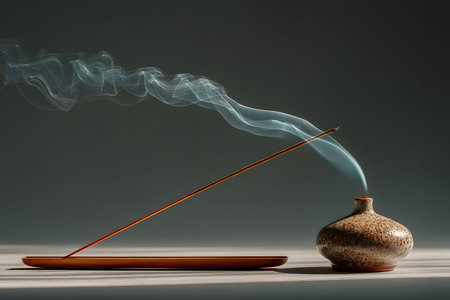 Delicate trails of smoke rise gracefully from a lit incense stick placed on a ceramic holder, creating a serene atmosphere. the minimalist composition emphasizes tranquility and mindfulness, perfect for meditation and relaxation themes. Generative AIの素材