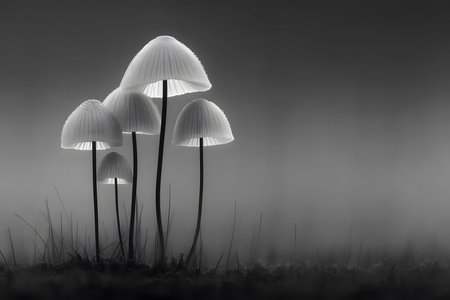 Black and white photo of delicate mushrooms standing tall amidst foggy surroundings. their translucent caps capture soft light, creating a serene and mystical atmosphere in a natural setting. Generative AIの素材