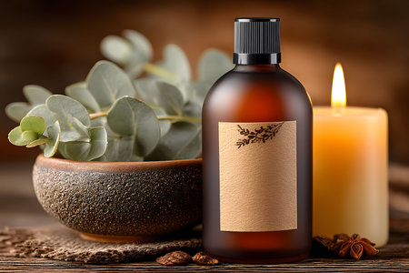 A warm scene of a brown glass bottle beside a eucalyptus arrangement and a glowing candle. this tranquil setting evokes the calming essence of aromatherapy, perfect for wellness and relaxation environments and designs. Generative AIの素材