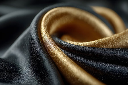 Close-up of opulent black and gold silk fabric showcasing intricate folds and rich textures. the interplay of light and shadows enhances the luxurious appeal, perfect for elegant design and high-end fashion projects. Generative AIの素材