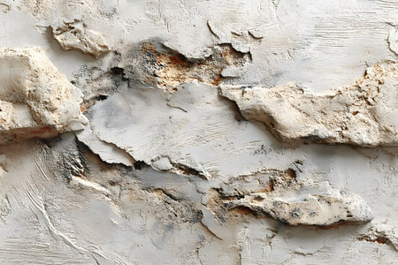 A close-up view of a textured wall surface displaying organic patterns and earthy tones, featuring layers of weathered materials. perfect for use in interior design projects, art backgrounds, or architectural studies. Generative AIの素材