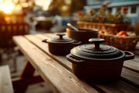 Cast iron cookware sits on a wooden picnic table, bathed in the warm glow of a sunset. nearby, a basket centerpiece adorned with marigolds and oranges adds a touch of autumnal charm, enhancing the rustic outdoor dining atmosphere. Generative AIの素材