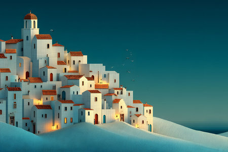 Surreal mediterranean village at dusk featuring classic white buildings with warm orange roofs against a deep blue sky. soft ambient lighting and gentle hills create a peaceful, dreamlike atmosphere perfect for travel and architectural inspiration. Generative AIの素材