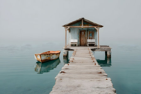 A serene lakeside setting features a rustic cabin set on a wooden pier extending into calm waters. a solitary rowboat gently floats beside the dock, enveloped in a misty atmosphere, offering a tranquil retreat. Generative AIの素材
