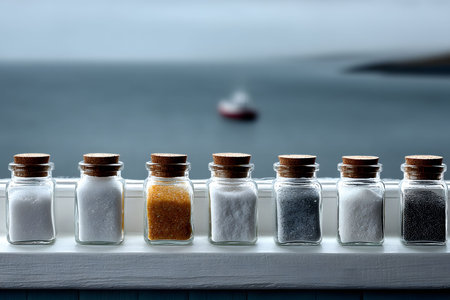 A row of seven glass jars filled with different types of salt, each with a cork stopper, placed on a white shelf. in the background, a blurred view of the ocean with a boat creates a serene coastal ambiance. Generative AIの素材