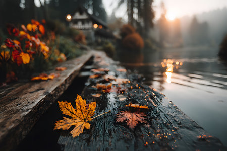 Morning light reflects on a serene lake surrounded by mist, vibrant autumn leaves scattered on a wooden pathway. the scene evokes tranquility, capturing the essence of a peaceful fall morning in nature. Generative AIの素材