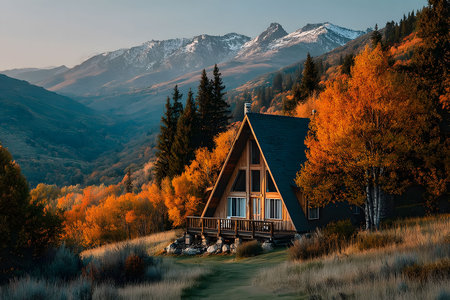 Cozy wooden cabin nestled in vibrant autumn foliage at the foot of snow-capped mountains. the serene landscape combines golden trees with striking mountain peaks under a soft, peaceful sky, offering a perfect nature escape. Generative AIの素材
