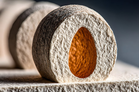 A close-up of a textured, cylindrical structure featuring a hollow center, intricate surface details and shadows. the composition emphasizes the interplay of light and texture, ideal for artistic and architectural inspirations. Generative AIの素材