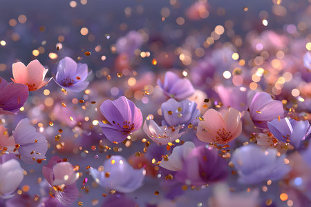 Enchanting scene of delicate pastel flower petals softly floating against a shimmering bokeh background. the harmonious blend of lilac, pink, and peach hues creates a dreamy, ethereal atmosphere perfect for elegant designs or backgrounds. Generative AIの素材