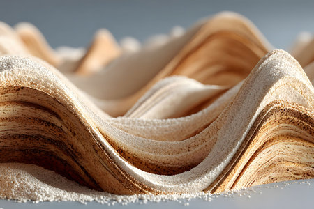 Flowing waves of textured sand create a mesmerizing pattern, showcasing an abstract interpretation of natural landscapes. the gentle curves and layers highlight the artistic harmony found in nature's formations. Generative AIの素材