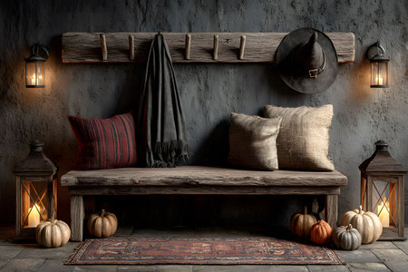 A rustic bench adorned with plaid and burlap pillows sits against a textured wall. lanterns illuminate the scene, surrounded by pumpkins in autumnal hues. a witch hat hangs above, enhancing the halloween ambiance. Generative AIの素材