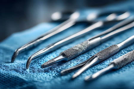 Close-up of precision dental tools meticulously arranged on a textured blue sterile cloth. the focus on metallic instruments highlights their intricate design, essential for accurate dental procedures and surgical applications. Generative AIの素材