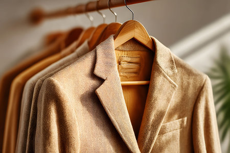 A row of beige herringbone blazers hangs neatly on wooden hangers, showcasing detailed tailoring and classic design. the warm lighting complements the texture, making them ideal for stylish and sophisticated formal wear. Generative AIの素材