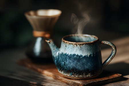 A rustic blue ceramic teapot emits steam, sitting alongside a chemex coffee maker on a wooden tray. sunlight highlights the textures, creating a warm, inviting atmosphere, perfect for a cozy kitchen or coffee-themed setting. Generative AIの素材
