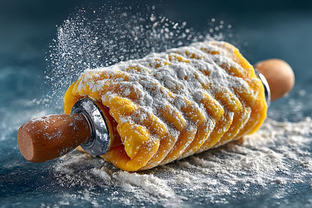 A textured rolling pin covered in dusted flour and vibrant dough symbolizes holiday baking. flour spreads across the blue surface, emphasizing festive kitchen creativity and culinary artistry for seasonal recipes. Generative AIの素材