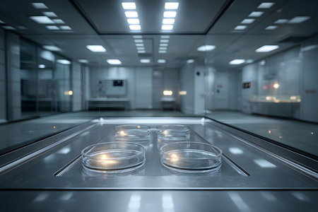 Modern laboratory interior showcasing a sleek, sterile environment. the focus is on three transparent petri dishes on a metal surface, under even lighting, representing scientific research, experimentation, and precision. Generative AIの素材