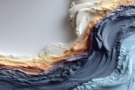 Luxurious abstract art featuring creamy swirls in a soothing palette of neutral and blue tones. the textured patterns evoke the movement of natural elements, offering a serene aesthetic ideal for home and office decor. Generative AIの素材