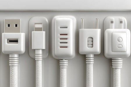 Various white power and charging plugs with cables are displayed in a row, showcasing different designs for electronic devices. each plug features diverse functionalities, representing modern connectivity and electric solutions. Generative AIの素材