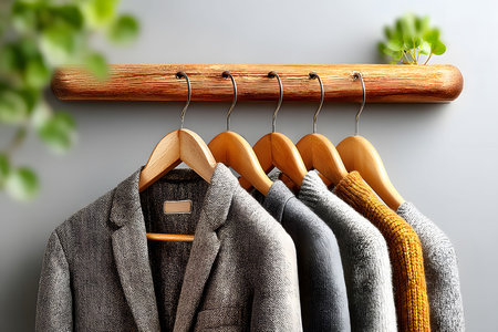 A stylish arrangement of sophisticated clothing hangs neatly on wooden hangers attached to a rustic wooden rack. the neutral tones of the garments create a harmonious, minimalist aesthetic, enhanced by a subtle touch of greenery in the foreground. Generative AIの素材