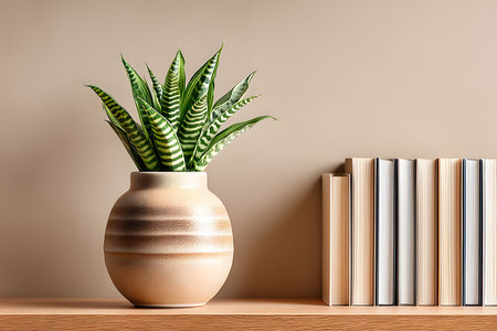 A stylish tabletop arrangement featuring a vibrant snake plant in a textured ceramic pot alongside a neatly organized row of books. the scene minimalist modern decor with earthy tones and natural elements, perfect for home or office settings. Generative AIの素材