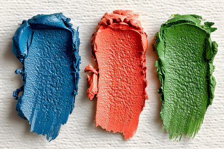 Three textured paint strokes in blue, red, and green are displayed on a textured canvas background. each stroke showcases distinct textures and brushwork, perfect for artistic inspiration, color theory studies, or design elements. Generative AIの素材