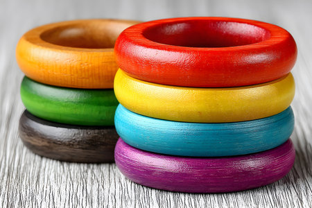 Brightly colored wooden rings stacked on a textured wooden surface. the vibrant hues and smooth finish make these rings ideal for creative design projects, decorative purposes, or as playful educational tools. Generative AIの素材