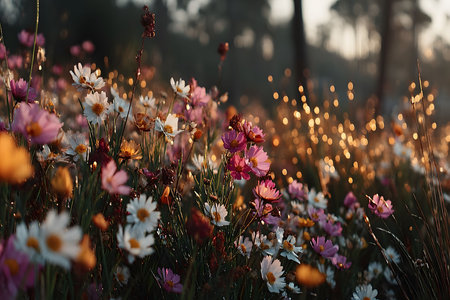 A radiant meadow of wildflowers illuminated by the soft, golden glow of sunrise, with dew-kissed petals sparkling in the light. this serene scene evokes tranquility and natural beauty, perfect for garden-themed art prints or motivational designs. Generative AIの素材