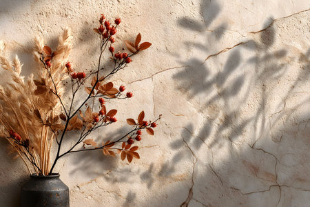 Rustic dried floral arrangement in a dark vase against a textured wall exudes a warm, autumnal feel. delicate branches with red berries and brown leaves create soft shadows, evoking a cozy, natural ambiance perfect for home decor inspiration. Generative AIの素材