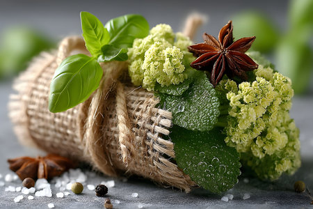 An artful arrangement of spices and herbs features vibrant green basil, clusters of fresh flowers, aromatic star anise, and coarse salt on a rustic burlap bundle. ideal for culinary and cooking-themed designs or prints. Generative AIの素材