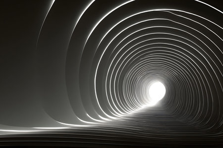 Explore a mesmerizing futuristic tunnel with luminous lines and a radiant glow at the center, evoking a sense of depth and infinity. the smooth curves and monochromatic tones create an ethereal, modern ambiance ideal for creative designs. Generative AIの素材