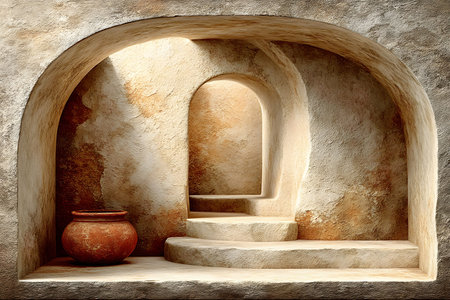 Rustic mediterranean architectural scene showcasing a textured stone alcove with smooth, curved steps leading to an arched doorway. a simple clay pot adds to the warm, earthy tones and timeless elegance of the setting. Generative AIの素材