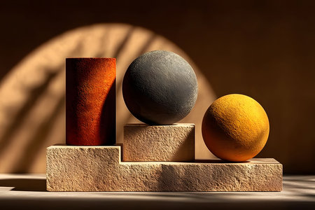 Minimalist geometric sculpture featuring a cylinder and spheres in warm, earthy tones. rich textures and an interplay of light and shadow create a calming, contemporary aesthetic ideal for modern interior design concepts. Generative AIの素材