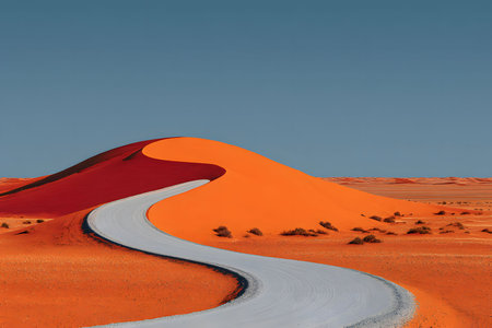 Red sand dunes create a stunning contrast against a deep blue sky, featuring a smooth, winding path. the image highlights the dramatic colors and serene emptiness of a desert landscape, offering a sense of tranquility. Generative AIの素材