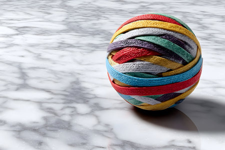 Colorful Elastic Rubber Band Ball on Marble Surface for Creative Design Projects Generative AIの素材