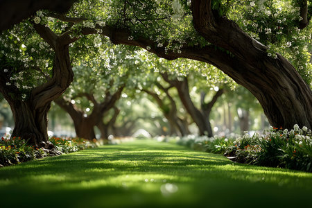 Enchanting Spring Garden Pathway Amidst Blooming Trees and Lush Greenery Generative AIの素材