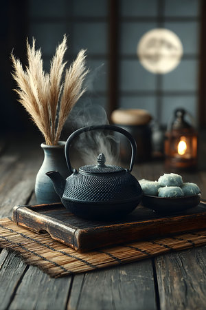 Serenity in a Japanese Tea Setting with Traditional Iron Kettle and Moonlit Ambiance Generative AIの素材