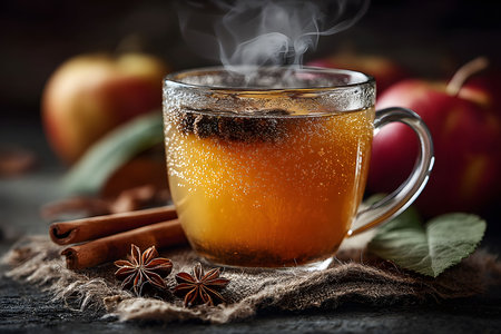 Hot apple cider in a glass mug adorned with cinnamon sticks and star anise, emitting steam. surrounded by fresh apples and leaves, the scene evokes warmth and comfort, perfect for autumn or winter gatherings and festive celebrations. Generative AIの素材