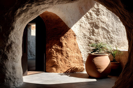 Mediterranean-style cave interior featuring an arched doorway illuminated by sunlight. rustic clay pots with green plants add natural decor to the earthy, textured environment, offering a serene and timeless aesthetic. Generative AIの素材
