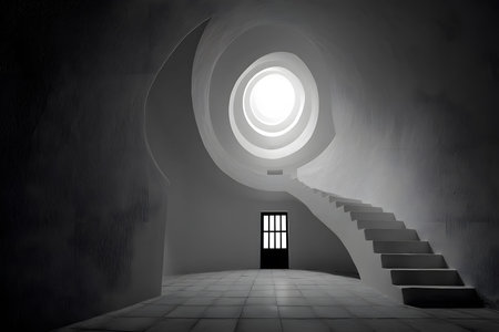 Futuristic architecture is highlighted in a monochrome interior featuring a spiral staircase leading towards a bright circular opening. stark contrasts create a dramatic ambiance, juxtaposing smooth curves with sharp angles in an imaginative space. Generative AIの素材