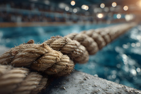 Close-up of a thick, textured nautical rope with a knot, set against the background of a blurred indoor swimming pool. the focus on the rope, illuminated by soft lighting, emphasizes texture and depth, ideal for aquatic themes. Generative AIの素材
