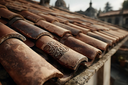 Weathered terracotta roof tiles in a historic urban setting showcasing mediterranean architectural charm. rich textures and earthy tones create a sense of history and timelessness, traditional craftsmanship. Generative AIの素材