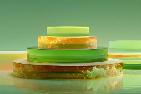 Layered jelly dessert featuring geometric shapes in gradient green and orange tones, reflecting modern food art trends. the translucent layers and reflections create a visually striking, creative presentation. Generative AIの素材