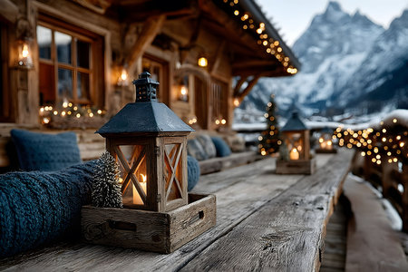 A peaceful winter evening at a rustic cabin, featuring wooden tables adorned with glowing lanterns. surrounded by snow-capped mountains, warm lights illuminate the wooden architecture, creating a cozy and serene atmosphere. Generative AIの素材