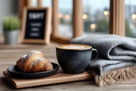 A serene morning scene featuring a steaming cup of cappuccino and a freshly baked croissant on a wooden tray. soft blankets and blurred city lights in the background create a warm, inviting atmosphere near a window. Generative AIの素材