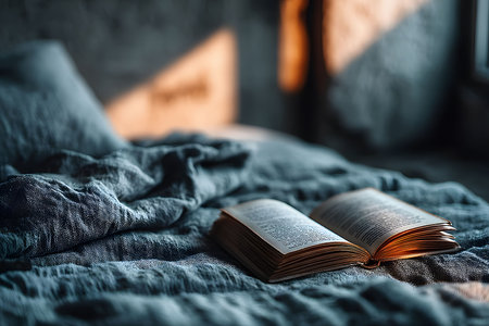 An open book rests on a softly textured blanket, illuminated by the warm glow of sunset. this cozy reading nook exudes a sense of tranquility, perfect for moments of relaxation and comfort in a peaceful setting. Generative AIの素材